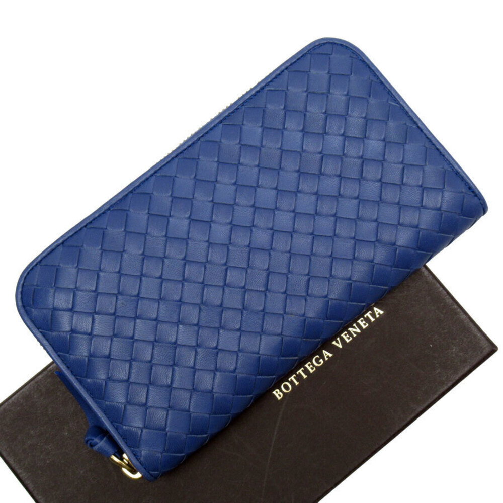 Bottega Veneta round zipper long wallet Intrecciato leather blue